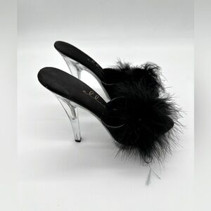 Black Feather and Silk Sling Platform with Transparent Heel - SIZE 36